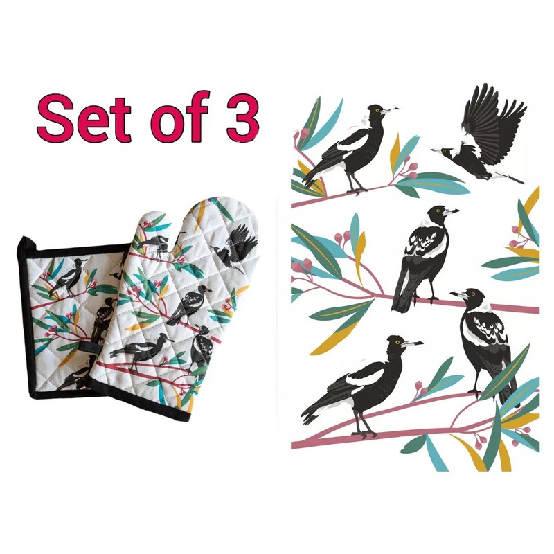 Australian Magpie Cotton Pot Mitt Oven Glove & Tea Towel.