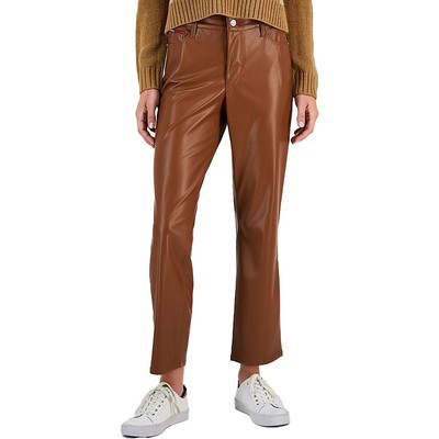 INC Womens Tan High Rise Faux Leather Straight Leg Pants Petites 10 BHFO 7260