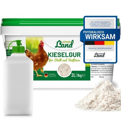 HÜHNER Land Kieselgur für Hühner 1kg INKL. Stäubeflasche Kieselgur Pulver