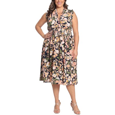 

Женское дневное платье миди с присборенным цветочным принтом London Times, плюс BHFO 7138, Navy/pink