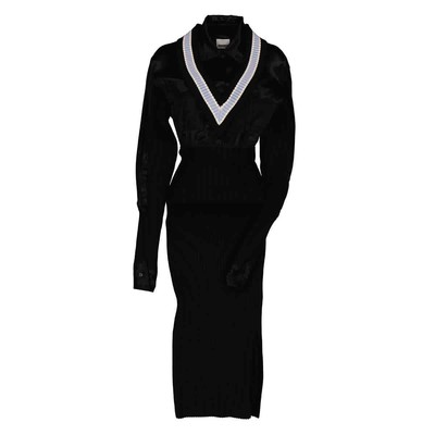 Pre-owned Burberry Ladies Black V-striped Insert Knit Wool Dress, Brand Size 4 (us Size 2)