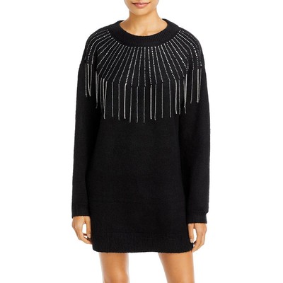 

Женское черное мини-платье-свитер с украшением цвета морской волны  BHFO 0149, Черный