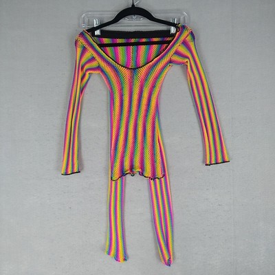 Rainbow Fishnet Matching Rave Festival Set Womens S XS Stretch Gradient Hippie
