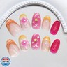24Pcs Pink Flower Press on Nails Short Almond Fake Nails 3D Floral with Gold Shell Pearl Designs Glitter Glue on Nail Full Cover Summer Beach False Nails Ocean Stick on Nail for Women Acrylic