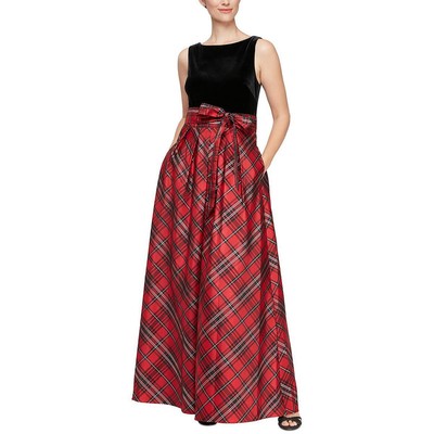 

Женское черное бархатное длинное платье макси в клетку SLNY  BHFO 9670, Black/red