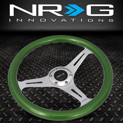 ГОНОЧНОЕ РУЛЕВОЕ КОЛЕСО NRG 350 ММ ХРОМИРОВАННОЕ С 2-МЯ ГЛУБОКИМИ СПИЦАМИ ЗЕЛЕНОГО ЦВЕТА, С ДЕРЕВЯННОЙ РУКОЯТКОЙ