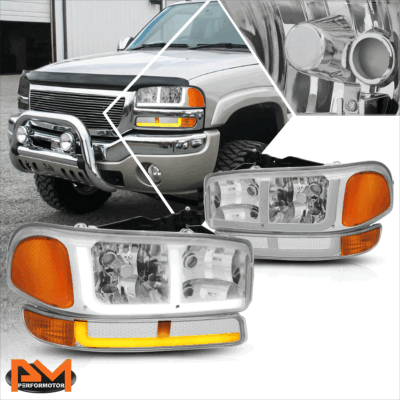 For 99-07 GMC Sierra 1500 2500HD 3500HD Classic LED DRL Headlights Chrome/Amber