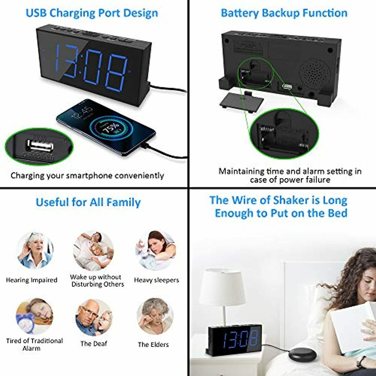 Very Loud Alarm Clock for Heavy Sleeper Deep Extra with USB Charger Port Bedroom
