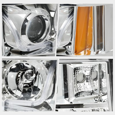 For 07-14 GMC Sierra 1500-3500 LED Halo DRL Projector Headlights Chrome/Amber