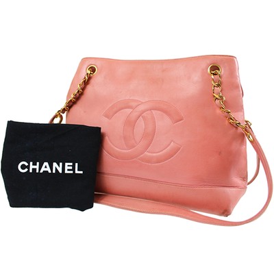 CHANEL CC Logos Chain Shoulder Tote Bag Pink Leather Vintage Authentic 9981 M