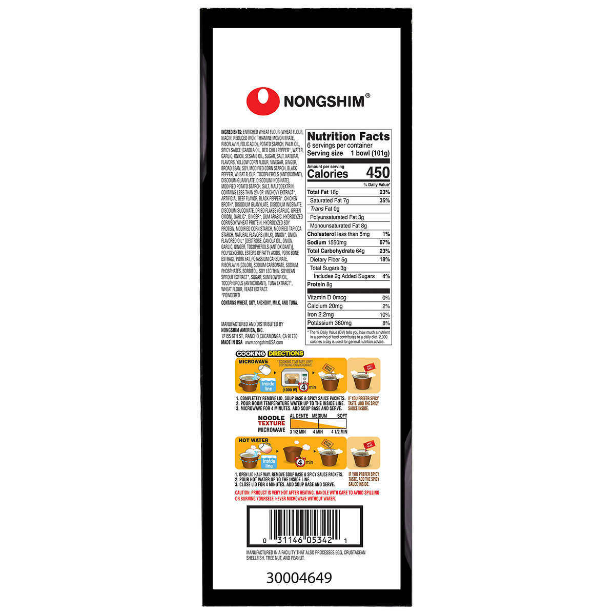 2 Packs Nongshim Tonkotsu Ramen Bowl, 3.56 oz, 6-count Each Pack, Total 12 Bowls