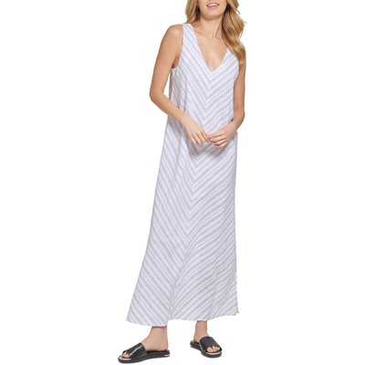 Женское белое льняное макси-платье в полоску с V-образным вырезом DKNY S BHFO 9626