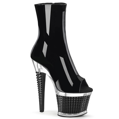 PLEASER SPECTATOR-1012 PLEASER PEEP TOE STRUKTUR PLATEAUSTIEFELETTEN KLAR SCHWARZ LACK