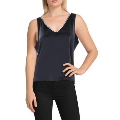 Generation Love Womens Black Crystal Neck Embellished Silk Tank Top L BHFO 0555