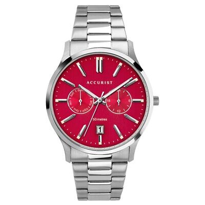 Accurist Mens Classic Watch with Red Dial and Silver Bracelet 7405
