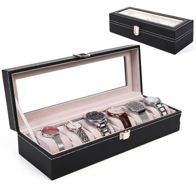 6 Slot Leather Watch Box Display Case Organizer Glass Top Jewelry Storage New