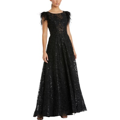 Pre-owned Mac Duggal Womens Feathers Long Party Evening Dress Gown Bhfo 1590 In Black