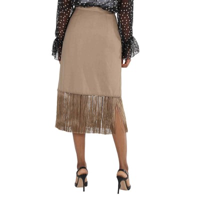 Pre-owned Burberry Ladies Pecan Melange High-waist Fring-hem Wool And Cashmere Skirt,