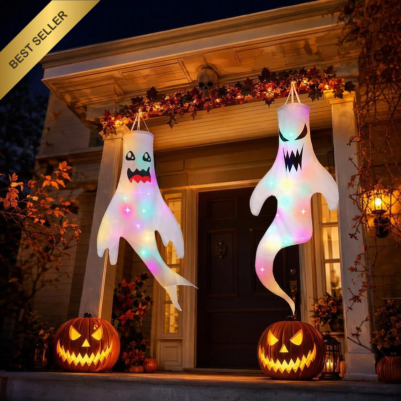 2 Pack Halloween Hanging Ghost Windsocks with LED Lights, 120×60Cm Large Scary S