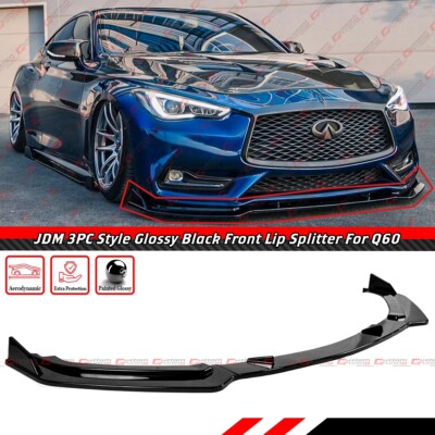 FOR 17-22 Infiniti Q60 V2 JDM 3pc Glossy Black Front Bumper Lip Spoiler Splitter
