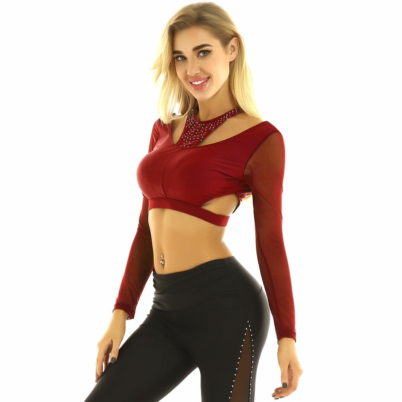 Women Ballet Dance Crop Top Long Sleeve Mesh Rhinestones Tshirt Blouse