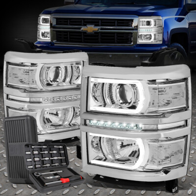 FOR 14-15 CHEVY SILVERADO LED U-BAR CHROME/CLEAR PROJECTOR HEADLIGHT+TOOL SET