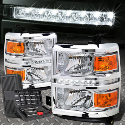 ДЛЯ 14-15 CHEVY SILVERADO LED DRL ХРОМИРОВАННЫЙ КОРПУС ЯНТАРНАЯ УГЛОВАЯ ФАРА + НАБОР ИНСТРУМЕНТОВ