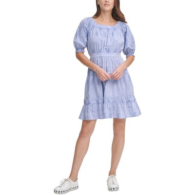 

Женское синее платье DKNY с пышными рукавами и оборками до колен, облегающее и расклешенное,  BHFO 5028, Blue denim