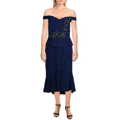 

Женское синее платье миди с открытыми плечами и украшением Aidan Mattox  BHFO 9617, Indigo