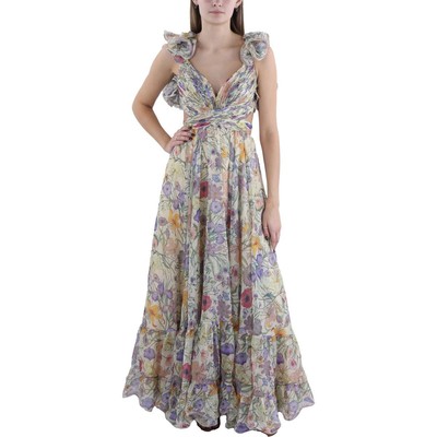 Женское синее длинное платье для коктейлей и вечеринок с оборками от Mac Duggal, вечернее 0 BHFO 5388