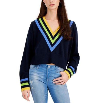Женская укороченная рубашка Tommy Hilfiger темно синего цвета с V образным вырезом, укороченный свитер-топ XS BHFO 7198