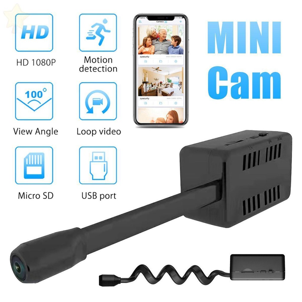 Compact HD mini camera with smartphone monitoring features.