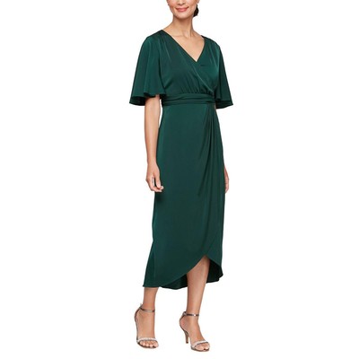 Ignite Evenings Womens Green Below Knee V-Neck Midi Dress Petites 16P BHFO 3249