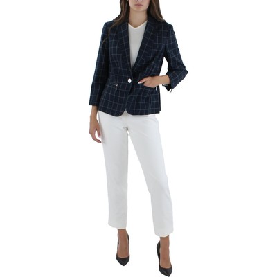 Le Suit Womens Navy Window Pane Office One Button Blazer Jacket 8 BHFO 6940