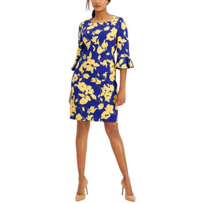 

Женское синее платье-футляр с рукавами до локтя и принтом Kasper  BHFO 9207, Royal blue/gold