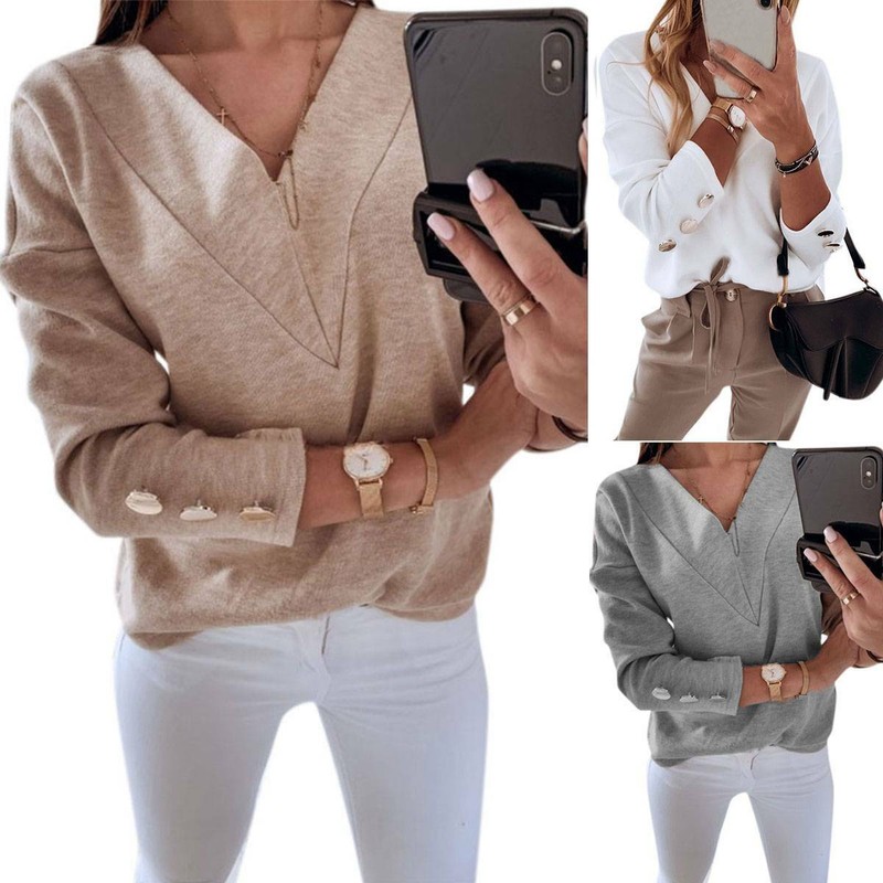 Damen V-Ausschnitt Langarmshirt Pullover Freizeit Einfarbig Oberteile Bluse Tops
