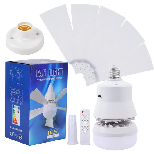 2 In 1 E27 Ceiling Socket Fan 30W with Dimmable LED Light Remote Control 3 Speed