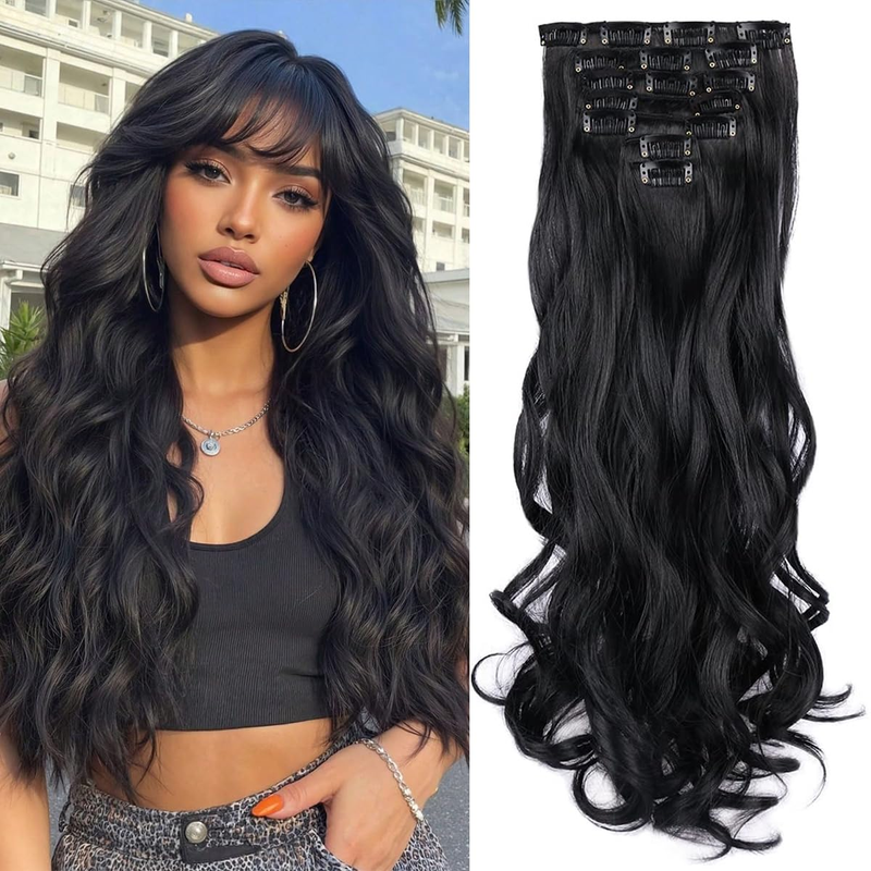 Clip In Hair Extensions 7 Pcs Wavy Full Head Set Synthetic Thick Hairpiece Women