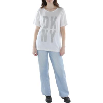 Женская белая пуловерная футболка с логотипом DKNY, топ L BHFO 4954