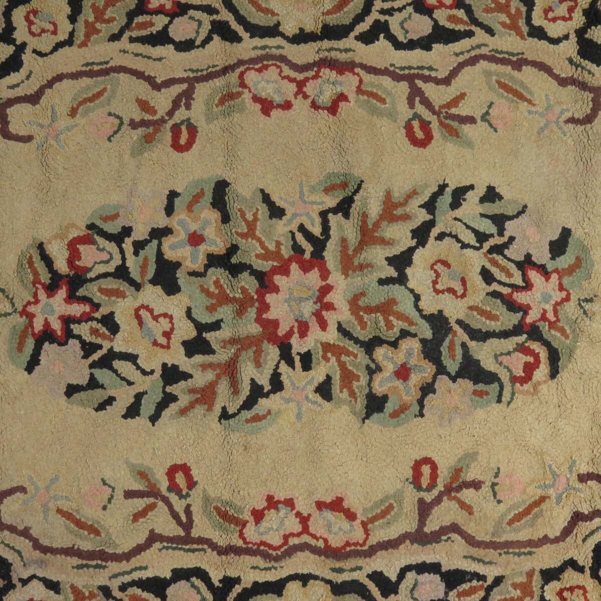 Vtg hooked rug floral motif black rectangular primitive farmhouse rustic