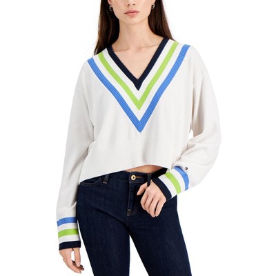 Женская белая укороченная рубашка с V-образным вырезом Tommy Hilfiger, укороченный свитер-топ M BHFO 9308