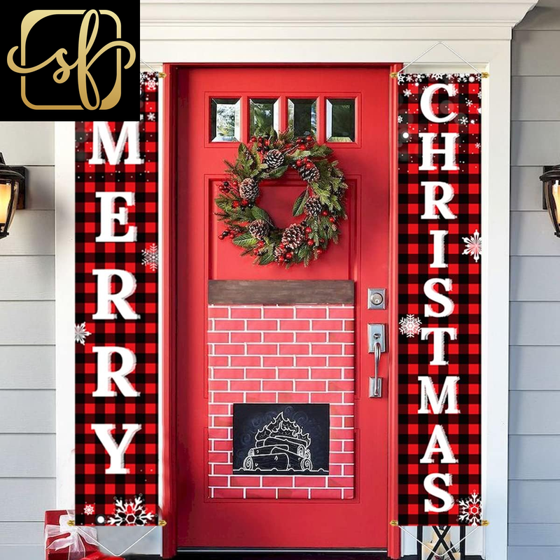Christmas Decorations Outdoor Yard Front Porch Sign Set, Red Black Buffalo Plaid Door Banner, Hanging Merry Christmas Decorations for Home, Indoor Outdoor Xmas Decor Wall Front Door Yard Garage