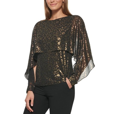 

DKNY Женская черная блузка с накидкой и рукавами-накидкой с металлическим принтом Вечерняя  BHFO 1818, Black/gold