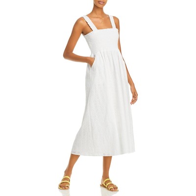 Женское белое хлопковое летнее платье миди цвета морской волны с присборами XS BHFO 3310