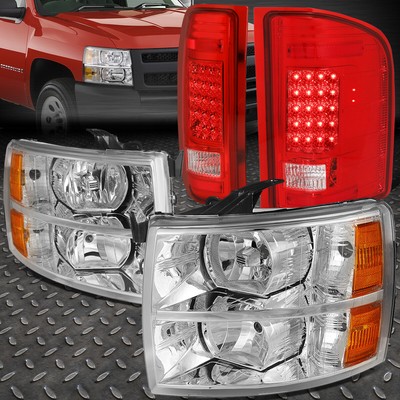 ДЛЯ 07-14 CHEVY SILVERADO ХРОМИРОВАННЫЙ КОРПУС ЯНТАРНОЙ БОКОВОЙ ФАРЫ + ПОЛНОСТЬЮ СВЕТОДИОДНЫЙ ЗАДНИЙ ФОНАРЬ