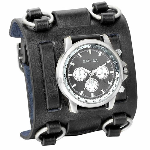 Men's Punk Style Black Wide Leather Watch Three Leather