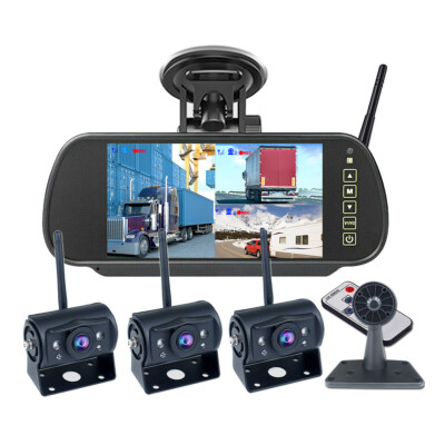Wireless 7'' Quad Mirror Monitor DVR 3x Backup Rear View Camera for Truck Caravan