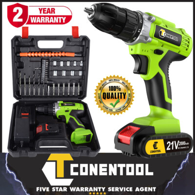 21V High Power Electric Cordless Drill Driver +2 Lithium-Ion Battery Combi Drill