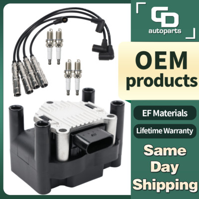 UF277 Ignition Coil +4 Spark Plug + Wire for VW Seat Beetle Golf Jetta 1998-2015