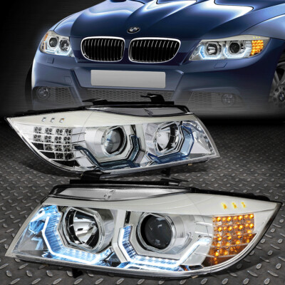 [СИНИЙ 3D СВЕТОДИОДНЫЙ U-ОБРАЗНЫЙ ОРЕОЛ] ДЛЯ ПРОЕКТОРНЫХ ФАР BMW E90 3-Й СЕРИИ СЕДАН 05-08 ХРОМ